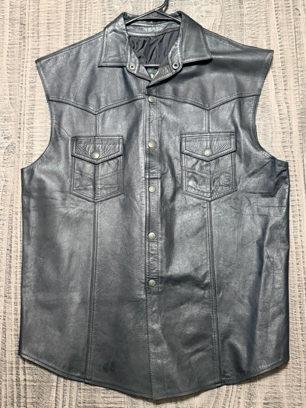 Men's Black Leather Biker Snap Vest with Chest Flap Pockets
